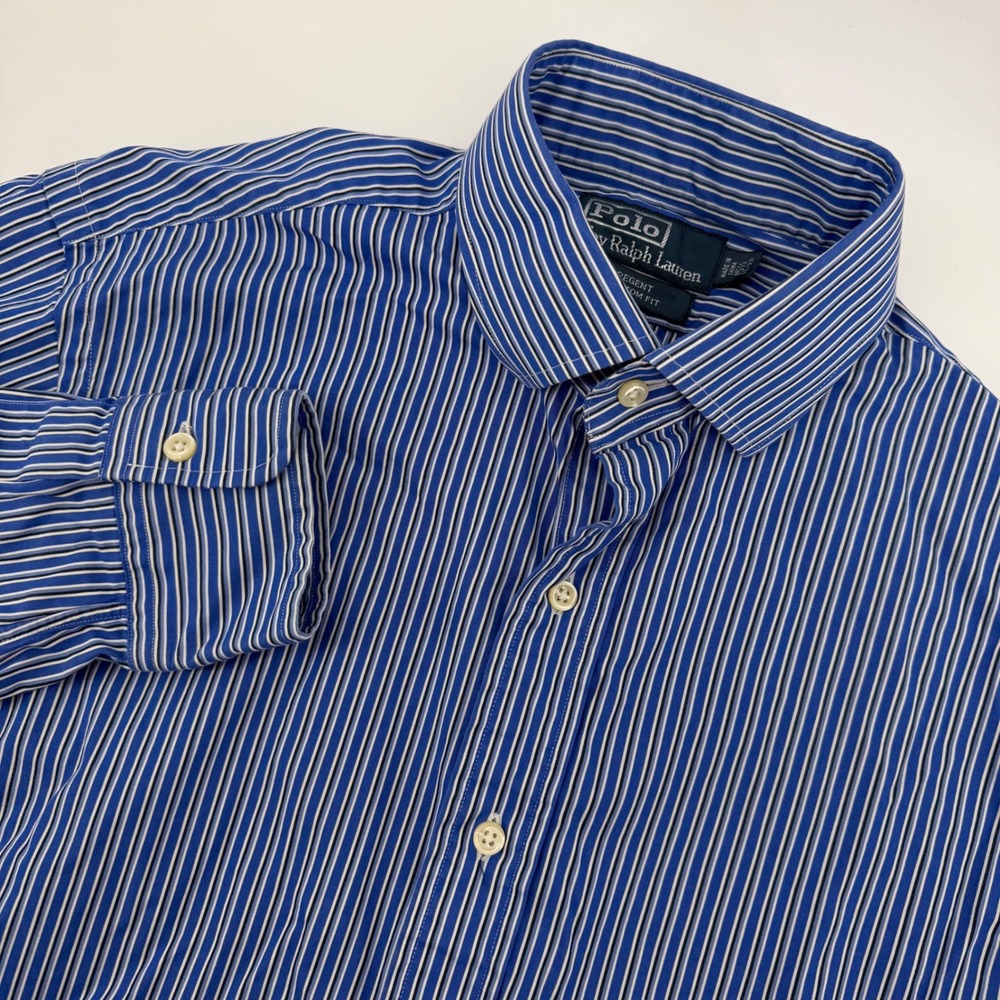 Polo Ralph Lauren Regent Custom Fit Blue White Stripe Dress Shirt Men 15 1/2